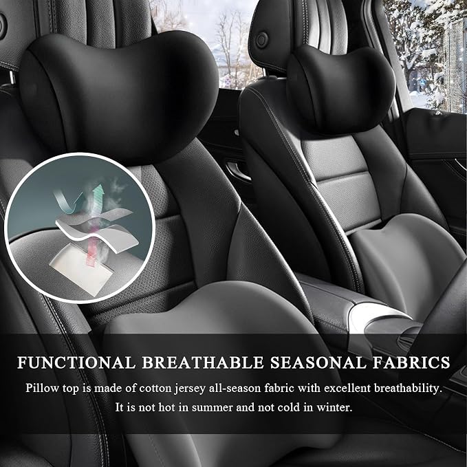 2 PCS Car Headrest Cushion, Ergonomic Memory Foam Car Neck Back Support w/Removable Cover, Universal Breathable Lumbar Cushion Headrest Pillow with Adjusatble Strap (Black)