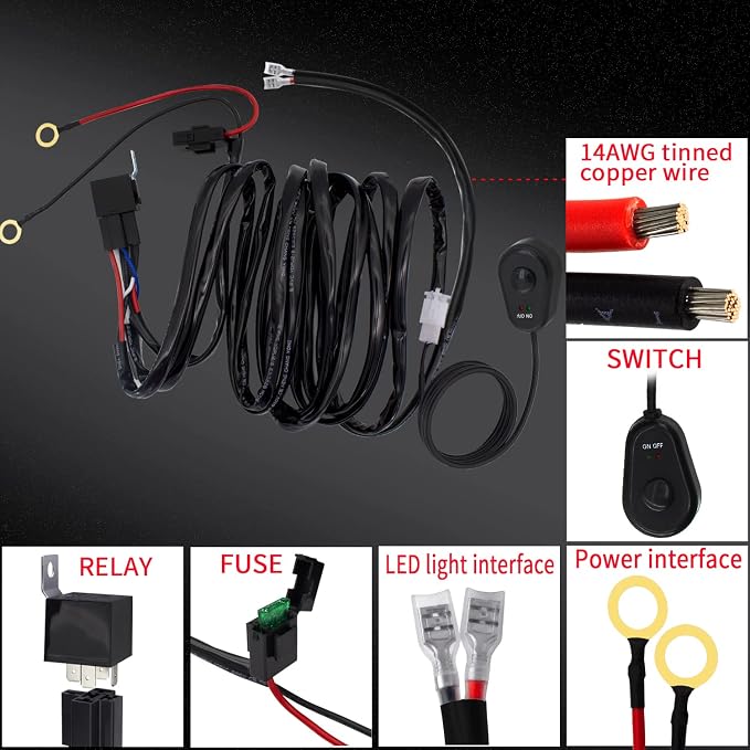 LED Lights Bar Wiring Harness Kit 4 Leads DC12V On-Off Switch Power Relay Blade Fuse 14AWG Core Cable Wiring Harness Kit fit for LED Driving Lights Bar Work Auxiliary Lights
