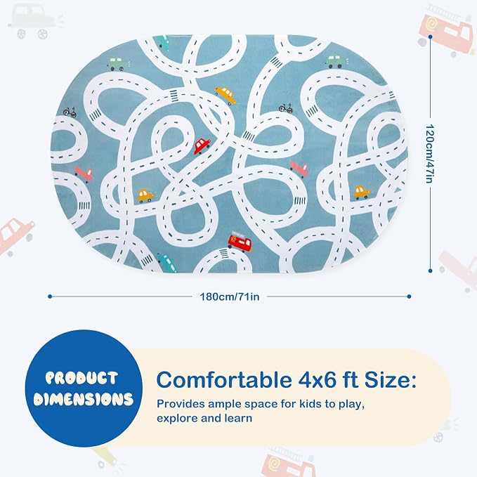 STARUIA Large Kids Playroom Rug, 4'x6' Washable Road Rug for Nursery, Non-Slip Fun Area Rugs for Kids Room, Blue Car Rugs Play Mat Soft Baby Carpet for Boys Girls Dorm Toy Room Tent