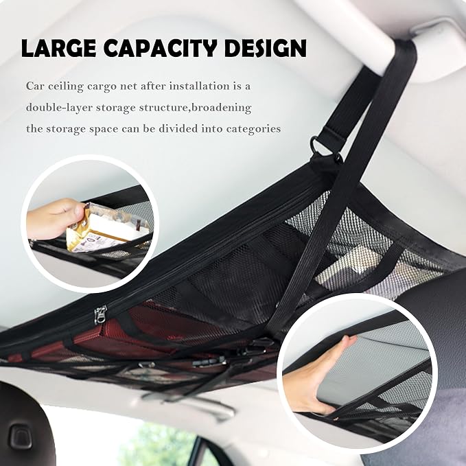 Car Ceiling Cargo Net with 2*Headrest Hook,Large Capacity Anti-Fall Cargo Net for Inside Car Roof Keeps Cars Interior Tidy,Universal Ceiling Cargos Nets for Mid & Large Cars/SUVs