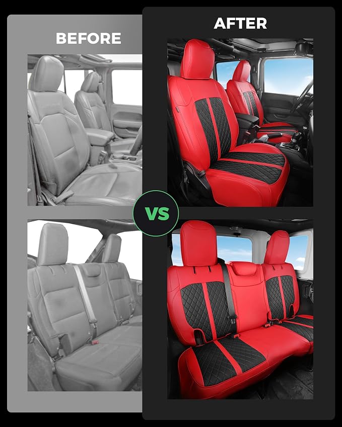 for Jeep Wrangler Seat Covers 4Door JL 2018 2019 2020 2021 2022 2023 2024 2025 2026, Custom Fit Car Seat Cover Full Set, Luxury Waterproof Leather Protectors, Red Black, W/O Rear Cup Holder