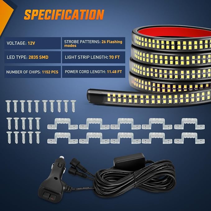 Nilight 2PCS 70 Inch Emergency Strobe Lights Strip 1125 LED Running Board Marker Light Amber Flexible Side Flashing Warning Caution Safety Waterproof for Truck Construction Vehicles Pickup