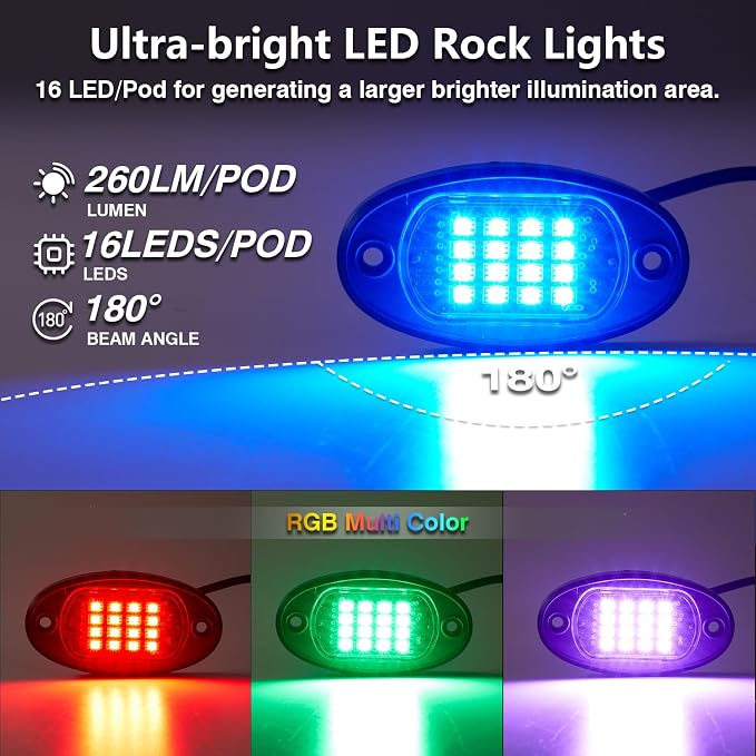 24 Pods RGB LED Rock Lights for Semi Trucks Offroad Pickup Trailer Sedan Boat, 12V Waterproof Dual Zone APP/RF Control Music Mode Brake Light Red Green Blue Underglow Neon Kit with Extension Wires