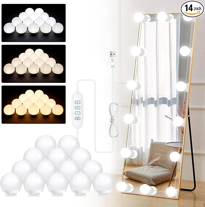 LED Vanity Mirror Lights, Hollywood Style LED Vanity Bulbs 3 Color Dimmable Makeup Light, Vanity Lights 3000K Warm 4000K Nature 6500K Daylight White Portable Light for Bathroom Dressing Room