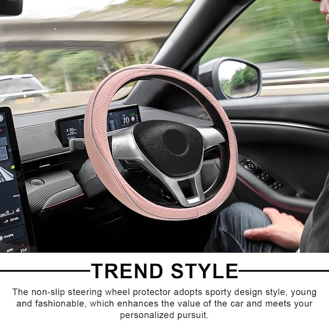 Car Steering Wheel Cover, 15 Inch Anti-Slip Breathable Leather Auto Steering Wheel Protector, Full Surround Soft Steering Wheel Cover for Men Women, Car Interior Accessories (Pink & White)