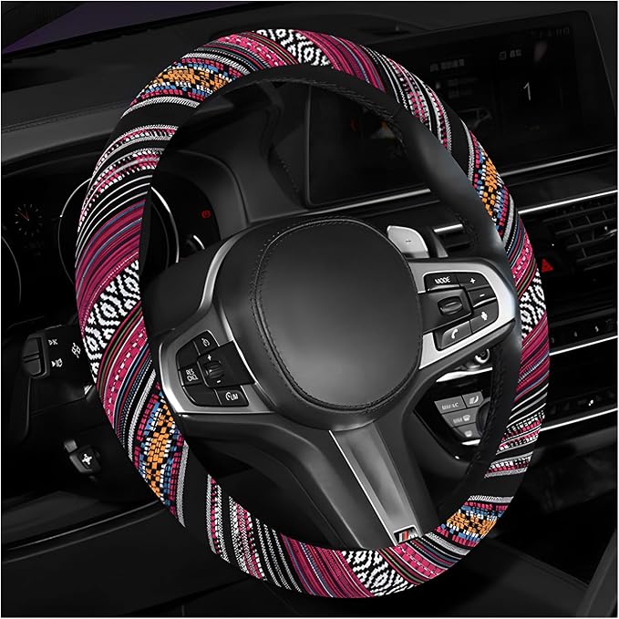 Boho Steering Wheel Cover, 15 Inch Coarse Flax Cloth Ethnic Style Anti-Slip Car Wheel Wrap, Universal Breathable Bohemian Steering Wheel Protector for Cars Vans Trucks (J)