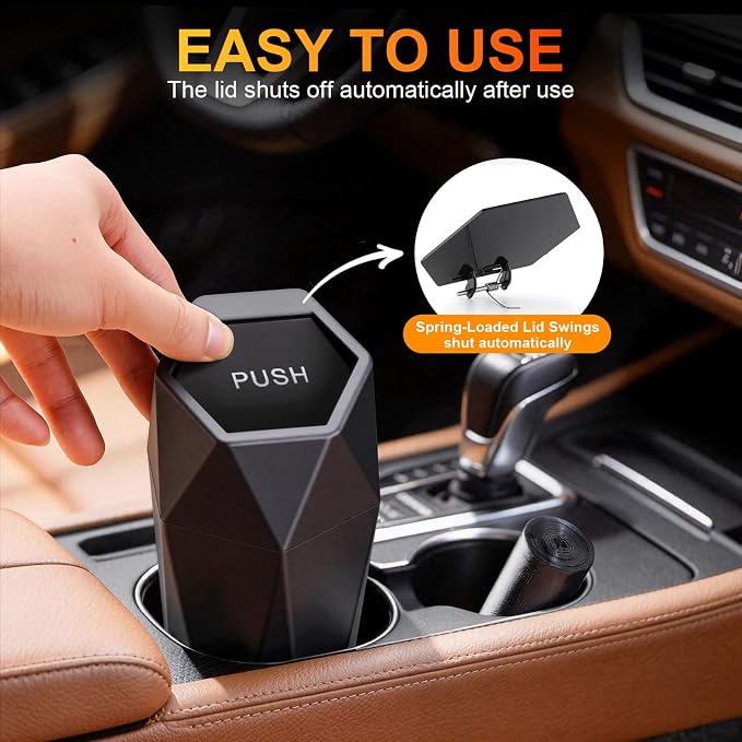 JUSTTOP Car Trash Can with Lid, Diamond Design Small Automatic Portable Trash Can with 1 Trash Bag, Easy to Clean, Used in Car Home Office (Black)
