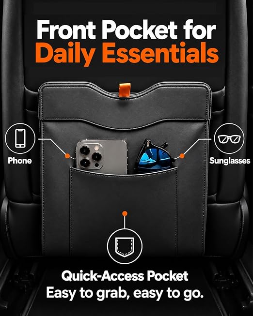 COZILO Leather Car Trash Can, Leak-Proof Odor-Lock Car Garbage Can with 60 Liners, Magnetic Closure & Liner-Hold, Storage Pocket, Metal Hooks, Hanging Car Trash Bin for SUV Sedan Truck, Black