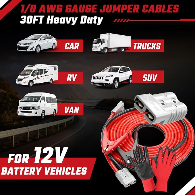 Jumper Cables, 30 feet 1 Gauge 1000Amp, Heavy Duty Booster Battery Cables with Permanent Installation kit and Quick Connect Plug for 12V & 24V Cars, SUV, Trucks, Diesel Trucks