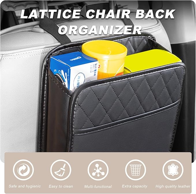 DXNQ Car Seat Back Organizer, Large Capacity Foldable Car Seat Back Hanging Bag with 3 Extra Pockets, Waterproof Leather Auto Seats Storage Organizer, Car Travel Essentials Accessories (Black)