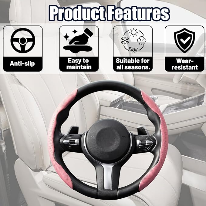 2PCS Car Steering Wheel Cover, 14.5-15" Breathable Nappa Leather Segmented Steering Wheel Protector with Non-Slip Grip, Stylish Auto Interior Decor Accessories, Universal for Vehicles (Pink)