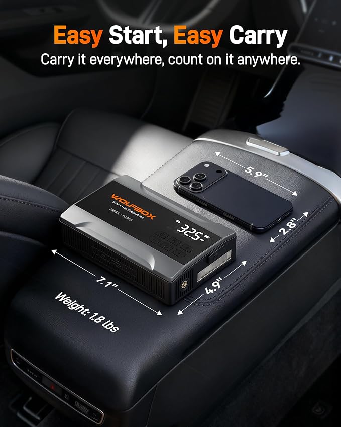 WOLFBOX MV10A 2000A Jump Starter with Air Compressor, 37Wh Car Battery Jumper Starter Portable (up to 5L Gas Engine) with 150PSI Tire Inflator, 12V Jump Box with Jumper Cables, Boost, LED Light