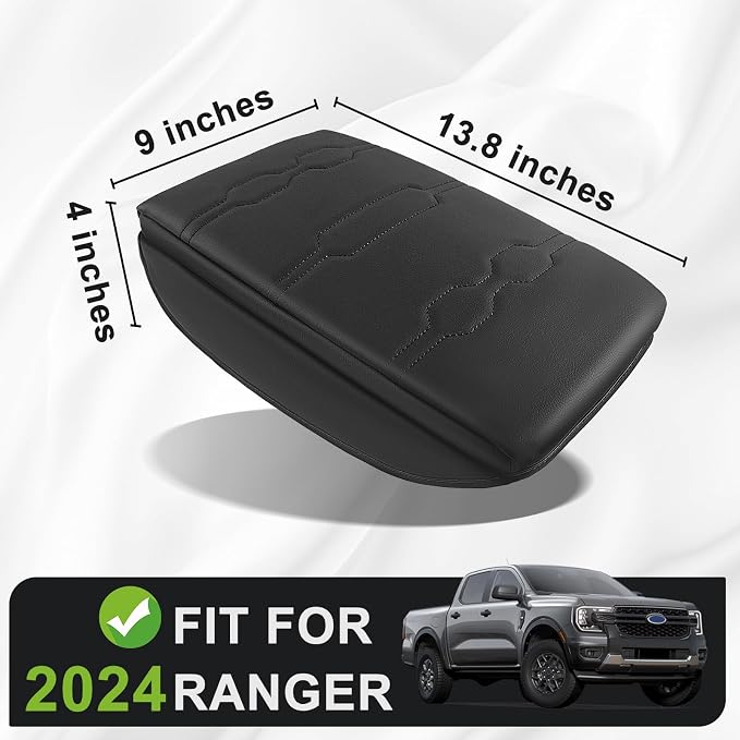 Muslogy Center Console Armrest Cover Fit for Ford Ranger 2024 2025 2026 Accessories, Comfort Armrest Pad Console Lid Cushion Vegan Leather 1-Inch Extra Thick(Black/Black Trim)