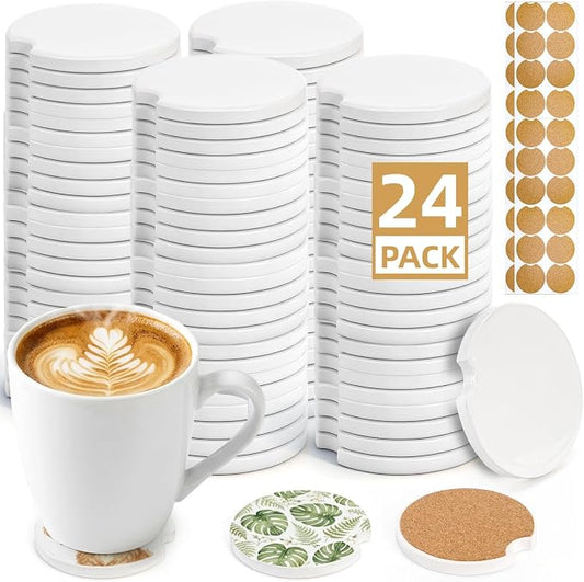 Eorbow 24 Packs Ceramic Sublimation Car Coasters, Car Blanks Cupholders with Finger Notch for Easy Removal, Absorbent Auto Cup Holders Keep Vehicle Free from Cold Drink Sweat Stain Spill