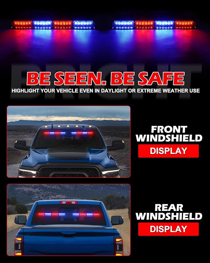 HLauto 604N Emergency Dash Strobe Lights: 2x16.8 inch Red Blue Security Light w/Take Down, 48 LED Safety Flashing Warning Hazard Interior Windshield Light Bar for Trucks Vehicles