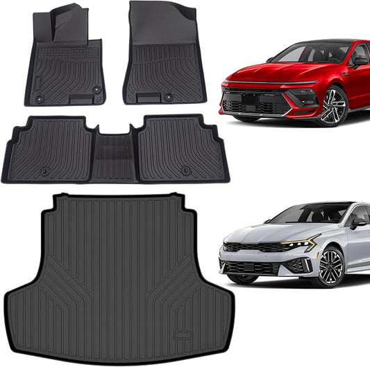 Floor Mats for kia k5 2021-2026(Only FWD Models) & Hyundai Sonata 2020-2026 | All-Weather TPE Custom Fit Car Liners Accessories, Full Coverage Anti-Slip 1st & 2nd Row & Trunk Mat