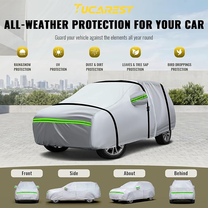 TUCAREST 6-Layers Premium Full Car Cover Hard Shell Zipper Design Waterproof All Weather Weatherproof UV Sun Protection Snow Dust Storm Resistant Outdoor with Straps (Fit for SUV/MPV 191"- 200")