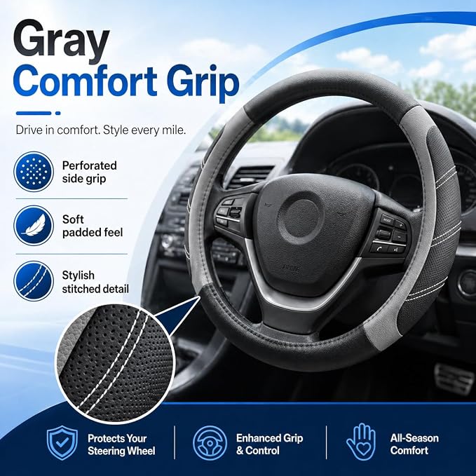 Elantrip Steering Wheel Cover for 14.5" to 15" Wheels, Soft Padded Grip with Anti-Slip Inner Lining, Breathable Comfort for Daily Driving, Easy Stretch Fit for Cars, SUVs and Trucks, Black/Gray