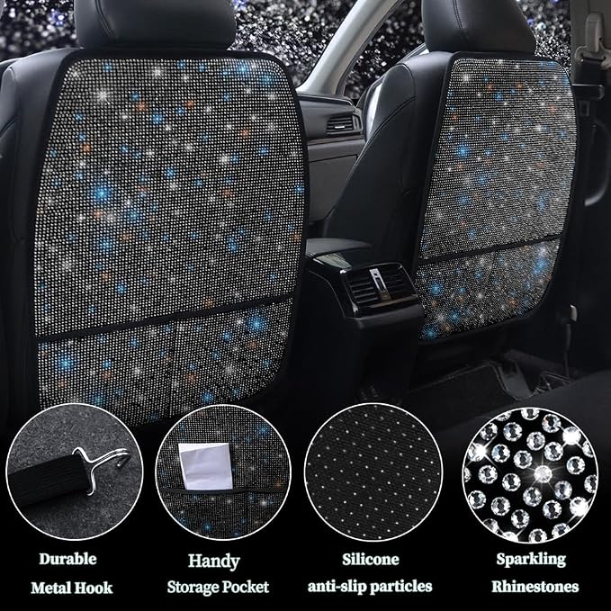 Diamond Bling Car Seat Kick Mats with Storage – Back Seat Protectors with Sparkly Rhinestones for Girls & Women, Crystal Kick Covers for Automotive Interior Accessories Black 2pcs
