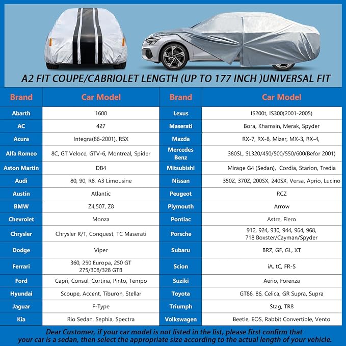 10-Layer Waterproof Sport/Coupe/Cabriolet Car Cover. | All Weather Full Outdoor Covers. 718, Cayman Boxster, BMW Z4, Nissan 350Z etc. Size A2 (Length Up to 177 inch)