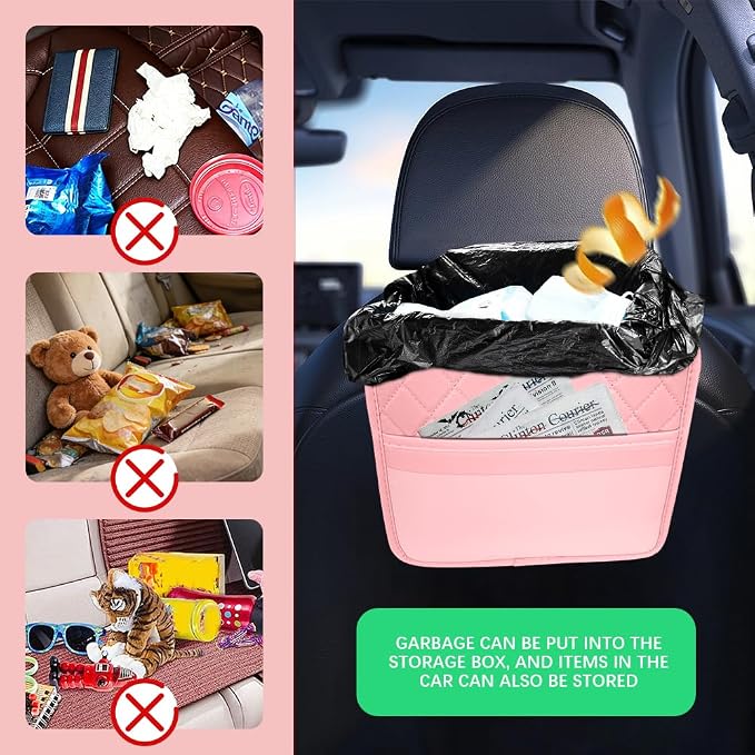 Car Seat Back Organizer, Leather Backseat Hanging Storage Bag, Multipurpose Car Hanging Trash Bag with 2 Compartments, Car Large Capacity Pouch Pocket for Kids & Adults (Pink/Transparent Bag)