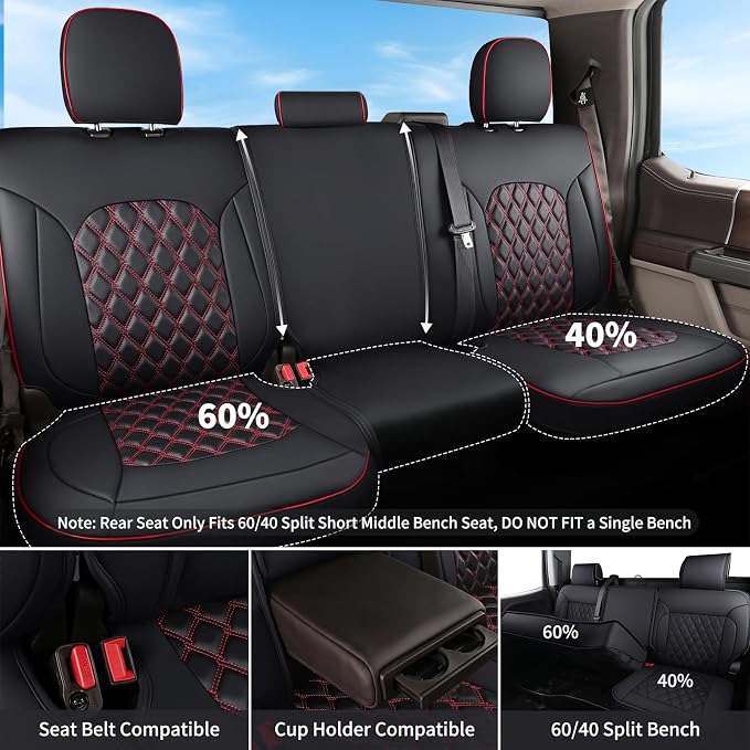 Huidasource Dodge Ram Seat Covers, Front & Rear Pickup Truck Leather Seat Cover Fit for 2009-2018 1500, 2010-2025 2500/3500 Crew Mega Cab, 2019-2025 ram 1500 Classic only(Full Set/Black&Red)