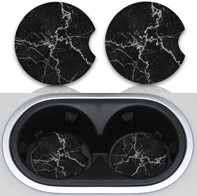 Car Accessories for Women&man, Car Coasters for Cup Holders, Pack of 2 2.75inch Universal Anti Slip Car Assecories, Car Coasters with A Finger Notch(Black Marble)