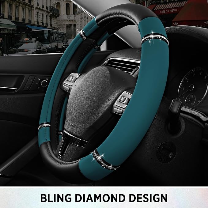 Road Comfort Leather Steering Wheel Cover – Premium Anti-Slip Car Steering Wheel Grip Cover – Universal Fit for 14.5”–15” Cars, Trucks & SUVs -Dark Blue