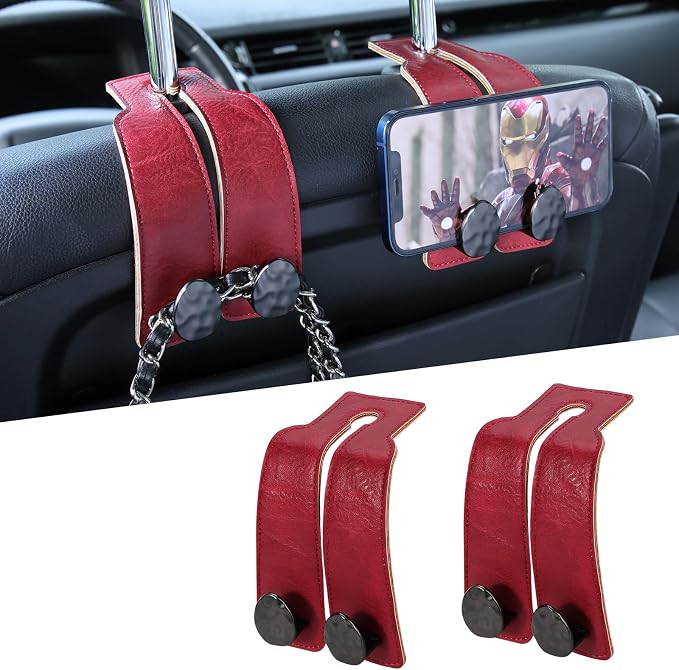 Leather Car Purse Hook for Headrest, 2 Pack (Red-Black) | Twin Hooks Headrest Hangers, 2/4 Pack, No-Slip, Scratch-Proof, Holds Purses, Backpacks, Grocery Bags, Car Organizer Gift