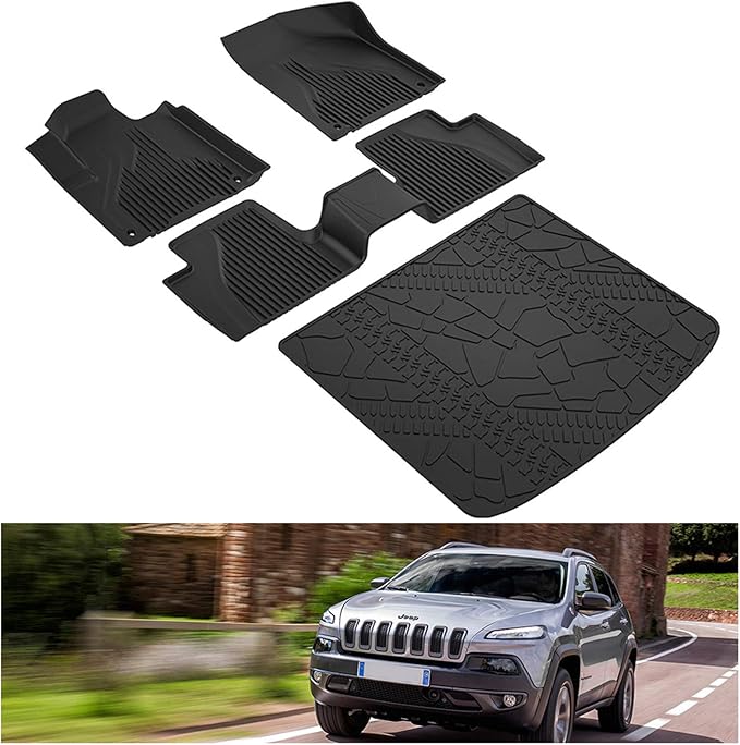 Kiwi Master Floor Mats & Cargo Mat for 2014-2023 Jeep Cherokee | OEM Replacement 82214855, Custom Fit All Weather Car Mats, Heavy Duty TPE Floor Liners, Front Rear Tray Trunk Mat Set, Black