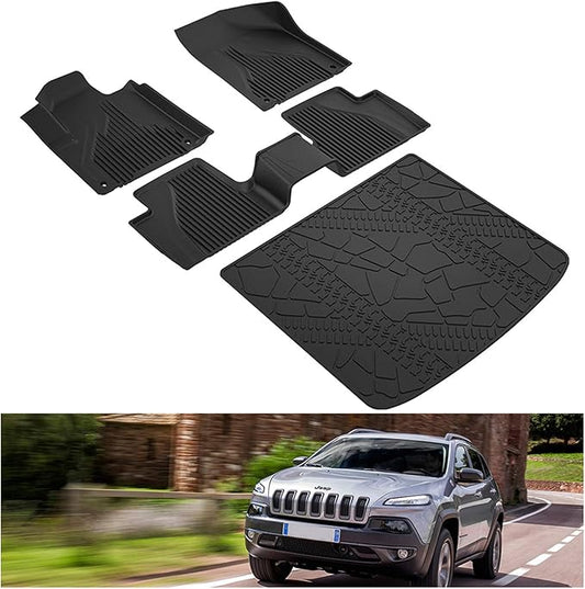 Kiwi Master Floor Mats & Cargo Mat for 2014-2023 Jeep Cherokee | OEM Replacement 82214855, Custom Fit All Weather Car Mats, Heavy Duty TPE Floor Liners, Front Rear Tray Trunk Mat Set, Black