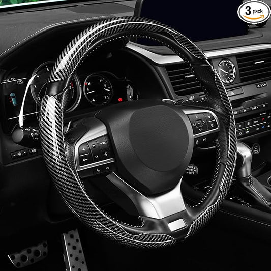 Amiss 3pcs Carbon Fiber Anti-Skid Steering Wheel Cover, Waterproof Design, Universal Fit for 14-16 Inch Car Wheel Cover, Interior Car Accessories for Jeeps, SUVs, Trucks (Glossy Black)