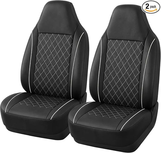 TOYOUN Luxury Diamond Stitch PU Leather Front Car Seat Covers Universal | Waterproof Black White Stitching Airbag Compatible 2 Pack Premium Seat Protectors For Cars Trucks SUVs Vans Auto Accessories