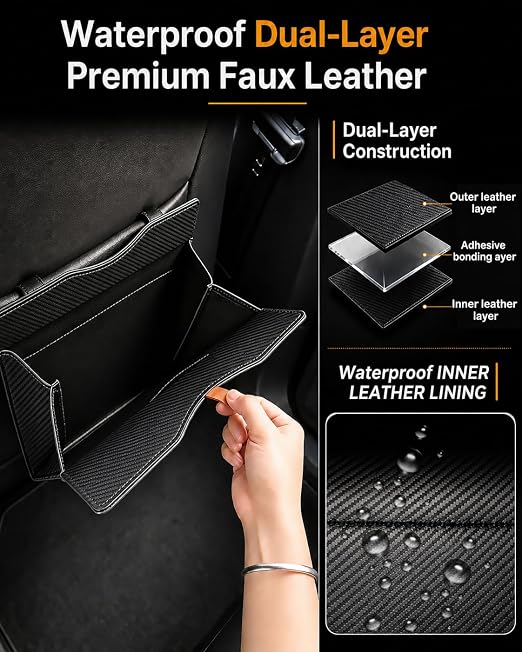 COZILO Leather Car Trash Can, Leak-Proof Odor-Lock Car Garbage Can with 60 Liners, Magnetic Closure & Liner-Hold, Storage Pocket, Metal Hooks, Hanging Car Trash Bin for SUV Sedan Truck, Carbon Fiber
