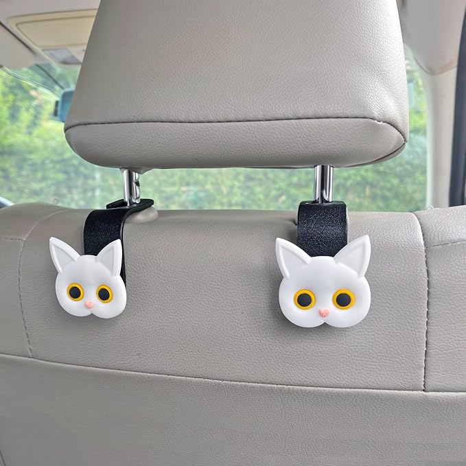 Cat Car Seat Headrest Hooks, White, 2 Pack | Cute Cartoon Cat Hook