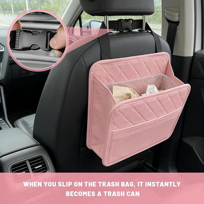 Car Seat Back Organizer, Waterproof Leather Auto Backseat Storage Pocket for Travel Essentials, Universal Multipurpose Backseat Hanging Storage Bag for Cars SUVs Trucks (Pink)