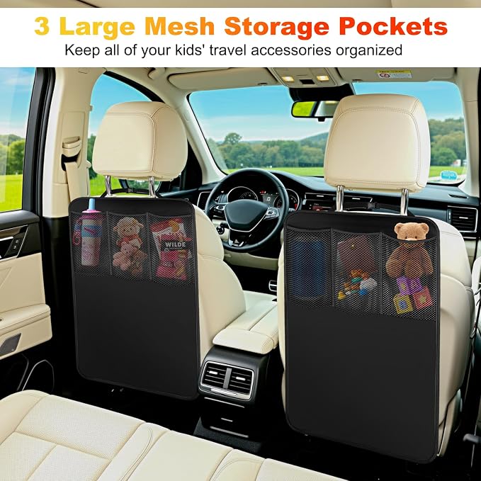 Kick Mats Back Seat Protector for Kids - 2 Pack Car Seat Back Cover with 3 Mesh Pockets Car Organizer Backseat Kick Protector for Child