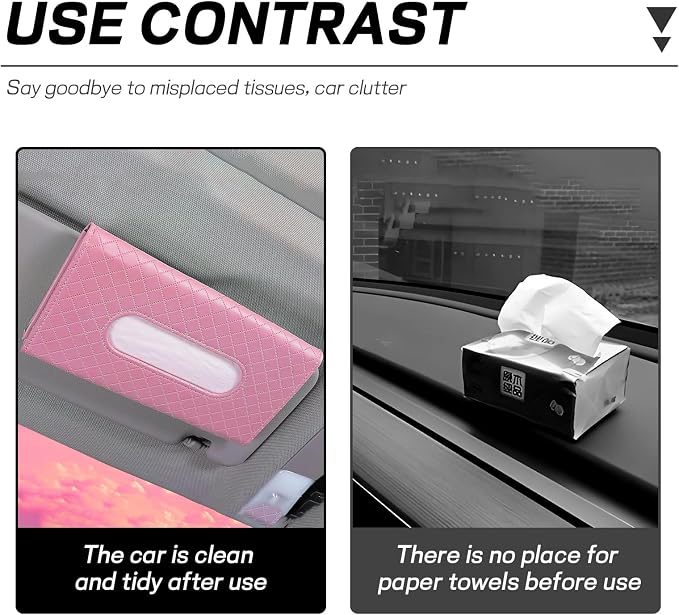 Car Tissue Holder, Leather Tissue Holder for Car Sun Visor, Rectangular Auto Sun Visor Napkin Holder Mask Dispenser, Universal Vehicle Tissue Box Sun Visor Accessory (Plaid-Pink)
