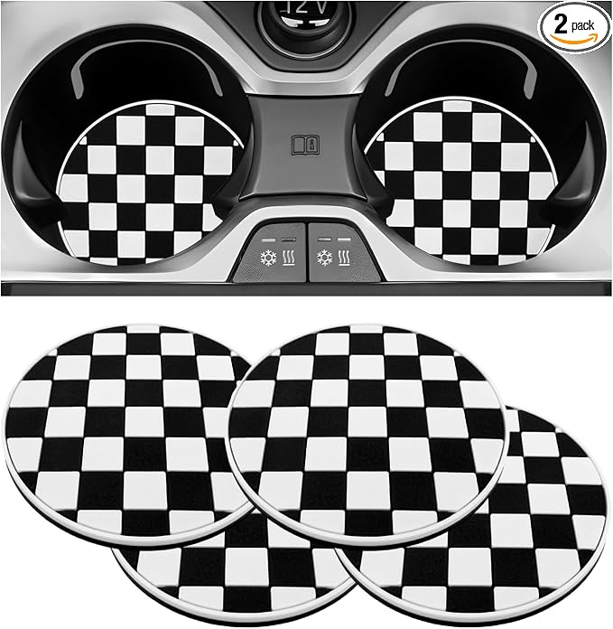 4 PCS Car Cup Coasters, 2.76 Inch Shockproof Auto Cup Holder Insert Coaster Checkered Drink Mat, Anti-Slip Waterproof Water Bottle Pad Stylish Grid Decoration for Most Vehicles (Checkerboard)