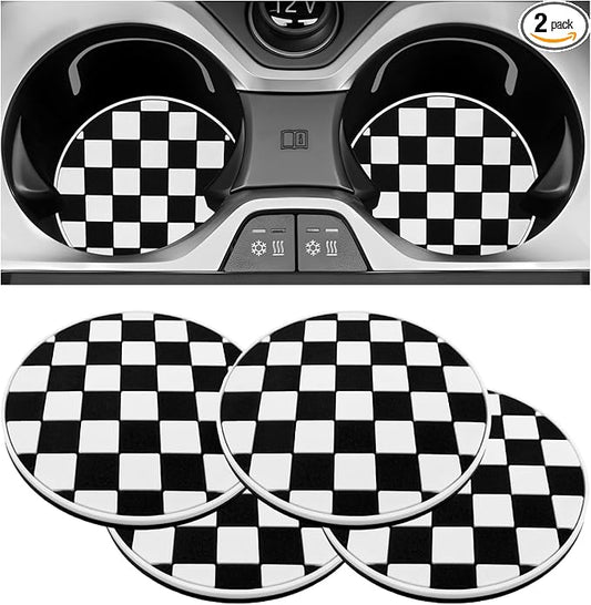 4 PCS Car Cup Coasters, 2.76 Inch Shockproof Auto Cup Holder Insert Coaster Checkered Drink Mat, Anti-Slip Waterproof Water Bottle Pad Stylish Grid Decoration for Most Vehicles (Checkerboard)