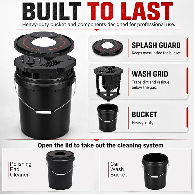 Outus Polishing Pad Washer Kit, Universal Car Pad Clean Bucket Set with Wash Grid & Splash Guard, Compatible with Da Rotary Orbital Polisher Foam, Wool, Microfiber, Felt Disc, Car Detailing Accessory