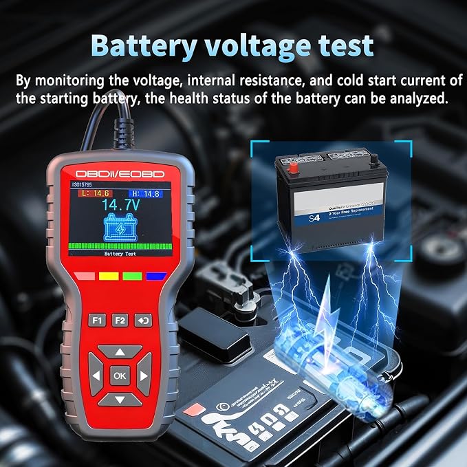 OBD2 Scanner and Battery Tester 2-in-1,Read and Clear Error Codes | Live Data, Freeze Frame,Car Code Reader and Engine Fault Diagnostic Tool for 1996+ OBDII Protocol Cars，red