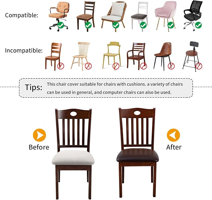 Fuloon Dining Chair Seat Covers 4 PCS, Solid Pu Leather Waterproof Seat Cushion Cover Oilproof Stretch Dining Chair Protctor Slipcover (Pu Dark Brown)