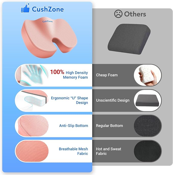 CushZone Seat Cushion, Office Chair Cushions, Car Seat Cushion, Non-Slip Sciatica & Back Coccyx Tailbone Pain Relief Chair Pad, Memory Foam (Pink)