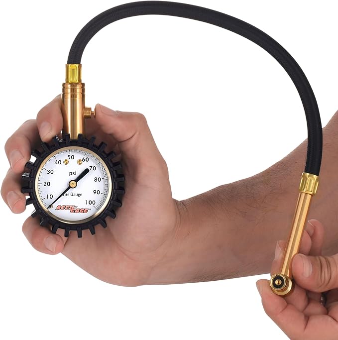 Accu-Gage RRA100X Tire Pressure Gauge with Hose and Protective Rubber Guard, Right Angle Chuck, 100 PSI