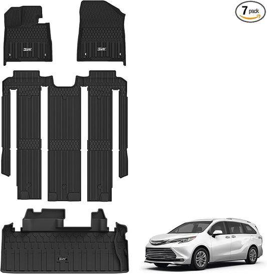 3W Floor Mats&Cargo Liner for Toyota Sienna 2021-2026 7 Seat (Not Fit 25 26 Platinum) TPE Custom Fit Floor Liner for Sienna XLE/XSE/Limited Full Set and Trunk Mat(w/o Spare tire)