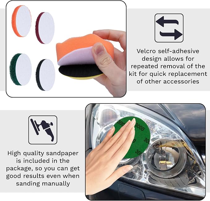BFXM 38Pcs Car Headlight Restoration Kit, 3 Inch Headlight Polishing Kit, Headlight Cleaning Kit with Sanding Disc Scouring Pad Polishing Pad Suitable for Drill Universal for All Type of Car Headlight