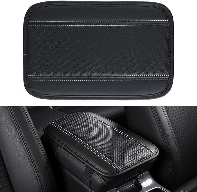 Amiss Car Center Console Cover, Upgraded Leather Car Armrest Cushion, Universal Waterproof Cushion Pad, Non-Slip Car Interior Accessories, Fits Most Sedans SUVs Trucks (Black-Slivery)