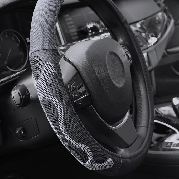 Elantrip Leather Steering Wheel Cover Great Grip with 3D Honeycomb Anti-Slip Design, Universal 14.5-15 Inch Car Wheel Protector Black and Gray