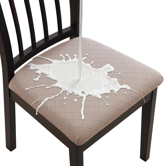 Fuloon Waterproof Seat Cushion Covers 4 PCS, Stretch Jacquard Chair Seat Covers Washable Dining Room Chair Slipcovers Removable Kitchen Cushion Protector (4, Waterproof-Khaki)